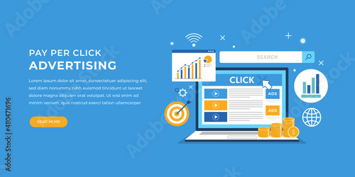 Pay per click, search marketing, paid advertising, on-line ads flat vector banner illustration.