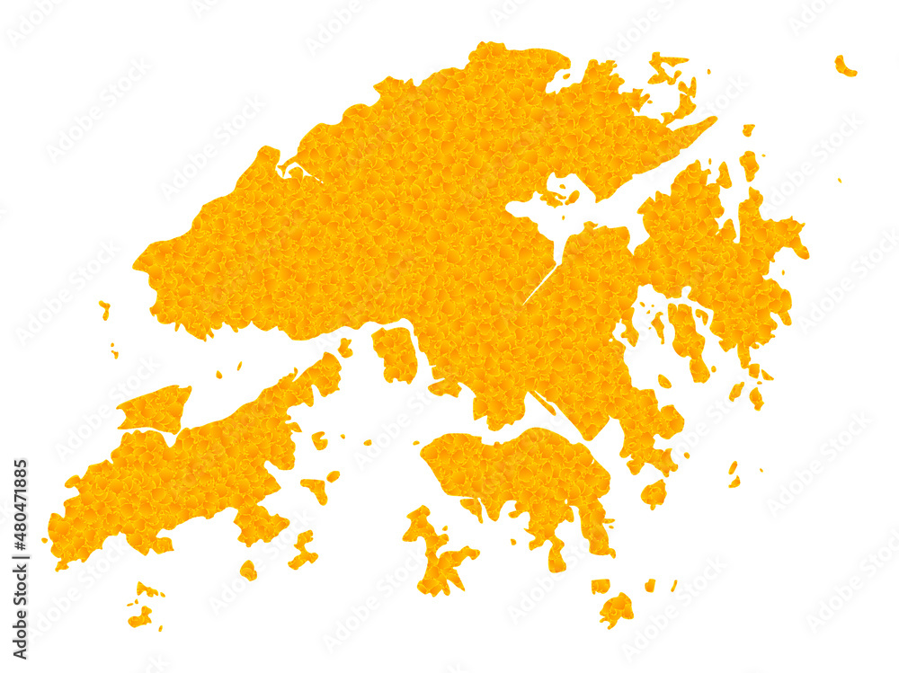 Vector Gold map of Hong Kong. Map of Hong Kong is isolated on a white background. Gold items mosaic based on solid yellow map of Hong Kong.