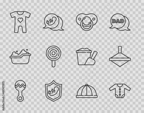 Set line Rattle baby toy, Baby clothes, dummy pacifier, on shield, Lollipop, hat and Whirligig icon. Vector