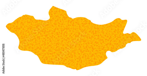 Vector Gold map of Mongolia. Map of Mongolia is isolated on a white background. Gold particles pattern based on solid yellow map of Mongolia.