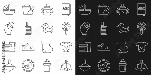 Set line Baby crib hanging toys, clothes, Lollipop, bottle, Monitor Walkie Talkie, dummy pacifier, stroller and Rubber duck icon. Vector