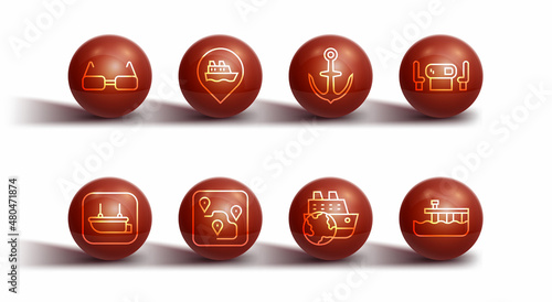Set line Glasses, Lifeboat, Poker table, Cruise ship, Route location, Location with cruise, Beach pier dock and Anchor icon. Vector