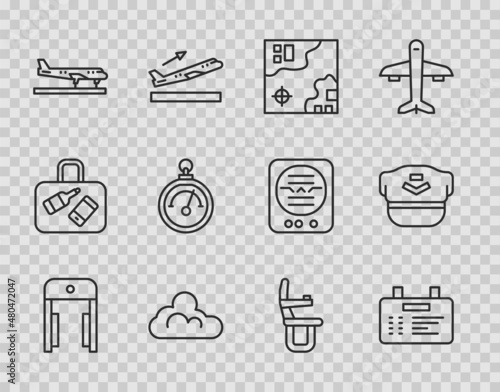 Set line Metal detector in airport, Airport board, World travel map, Cloud weather, Plane, Barometer, Airplane seat and Pilot hat icon. Vector