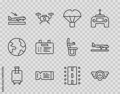 Set line Suitcase, Aviation emblem, Box flying parachute, Airline ticket, Plane landing, Airport board, runway and icon. Vector