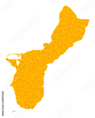 Vector Golden map of Guam Island. Map of Guam Island is isolated on a white background. Golden items pattern based on solid yellow map of Guam Island.