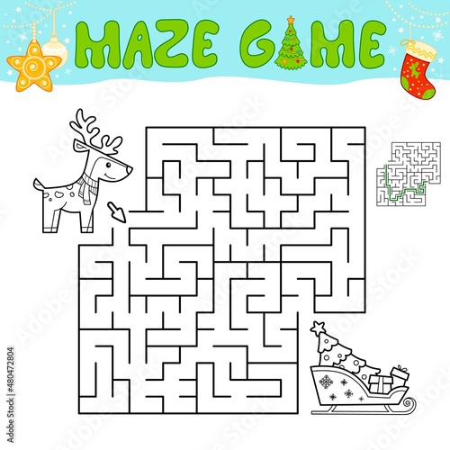 Christmas Maze puzzle game for children. Outline maze or labyrinth game with christmas sleigh and reindeer.