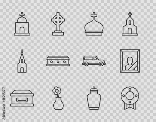 Set line Coffin with cross, Memorial wreath, Church tower, Flower vase, Old crypt, Funeral urn and Mourning photo frame icon. Vector