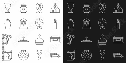 Set line Hearse car  Coffin with cross  Burning candle  Grave star david  Funeral  Christian chalice and Memorial wreath icon. Vector