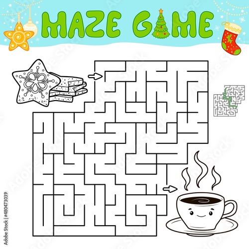 Christmas Maze puzzle game for children. Outline maze or labyrinth game with christmas cookie.
