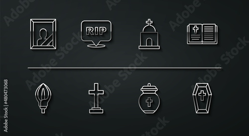 Set line Mourning photo frame, Lily flower, Holy bible book, Funeral, Grave with cross, Speech bubble rip death, Coffin and Old crypt icon. Vector
