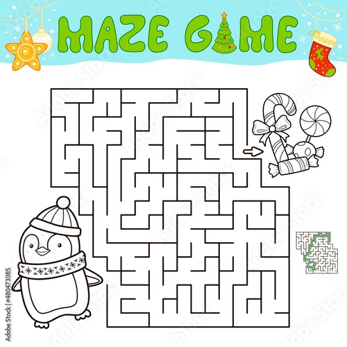 Christmas Maze puzzle game for children. Outline maze or labyrinth game with christmas penguin.