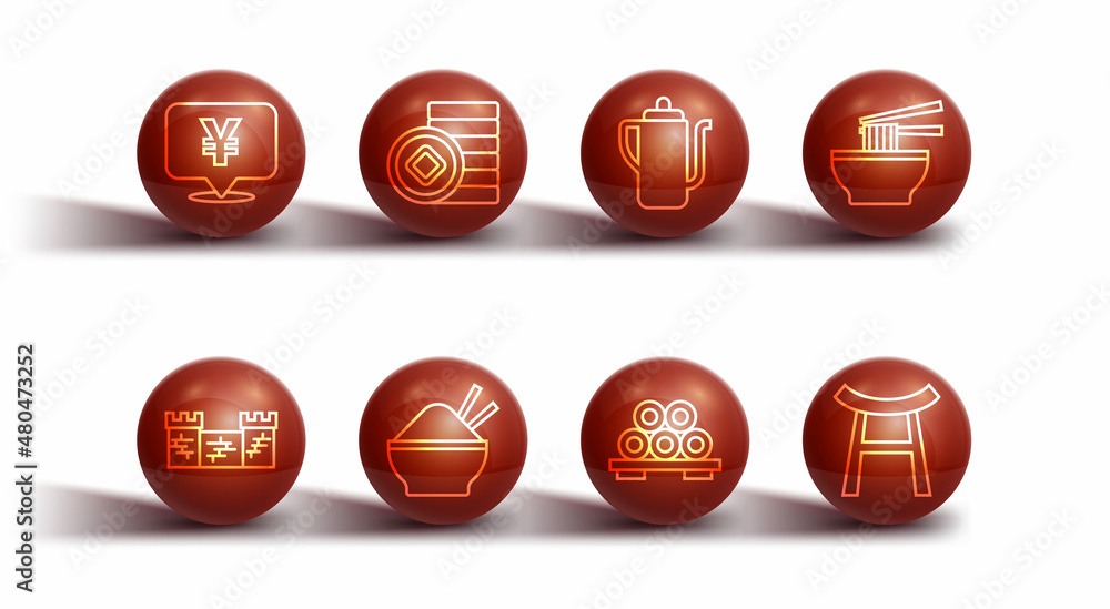 Set line Chinese Yuan currency, Great wall of China, Asian noodles bowl, Sushi on cutting board, Rice with chopstick, Japan Gate and tea ceremony icon. Vector Set line Chinese Yuan currency, Great wall of China, Asian noodles bowl, Sushi on cutting board, Rice with chopstick, Japan Gate and tea ceremony icon. Vector