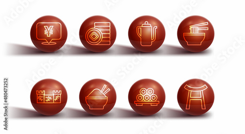 Set line Chinese Yuan currency, Great wall of China, Asian noodles bowl, Sushi on cutting board, Rice with chopstick, Japan Gate and tea ceremony icon. Vector