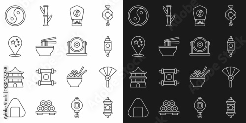 Set line Chinese paper lantern, or japanese folding fan, Asian noodles bowl, China flag, Yin Yang and Gong icon. Vector