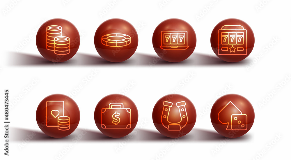 Set line Casino chips, and playing cards, Slot machine with jackpot, Horseshoe, Briefcase money, Game dice and Online slot icon. Vector Set line Casino chips, and playing cards, Slot machine with jackpot, Horseshoe, Briefcase money, Game dice and Online slot icon. Vector