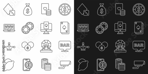 Set line Security camera, Alcohol bar location, Playing card with spades, Casino chip and playing cards, chips, Online slot machine jackpot, Game dice and poker table game icon. Vector