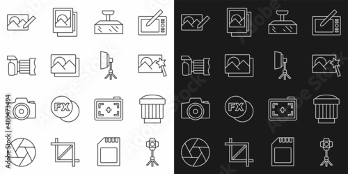 Set line Softbox light, Camera photo lens, Photo retouching, frame, camera, and icon. Vector