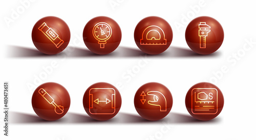 Set line Construction bubble level, Measuring spoon, Calliper or caliper and scale, Approximate measurements, Area, Pressure water meter, and Protractor icon. Vector