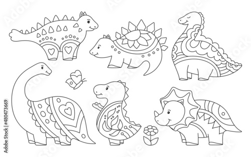 Dinosaur doodle outline set. Reptile cartoon collection dino childish prehistoric character. Wildlife funny dinosaurs lizard. Kids design animals for fabric or textile, predators and herbivores vector