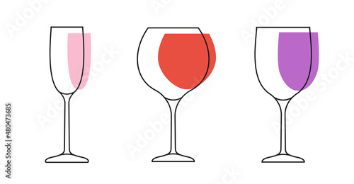 Wine glass colorful line outline contour icon set in flat style. Sign object for mobile app and website. Bar symbol, logo for company or store. Simple concept, design element. Vector illustration
