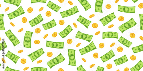 Money rain flat cartoon wallpaper. Seamless pattern green paper notes and gold coin flying in air boundless repeat print. Money banknotes background banknotes different coins. Endless vector scrapbook