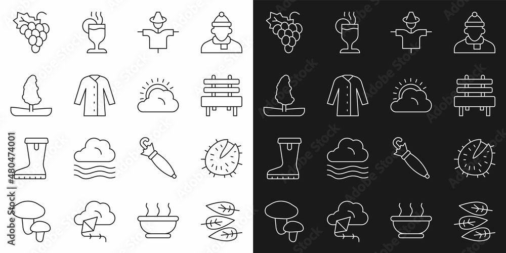 Set line Leaf or leaves, Chestnut, Bench, Scarecrow, Raincoat, Tree, Grape fruit and Sun and cloud weather icon. Vector