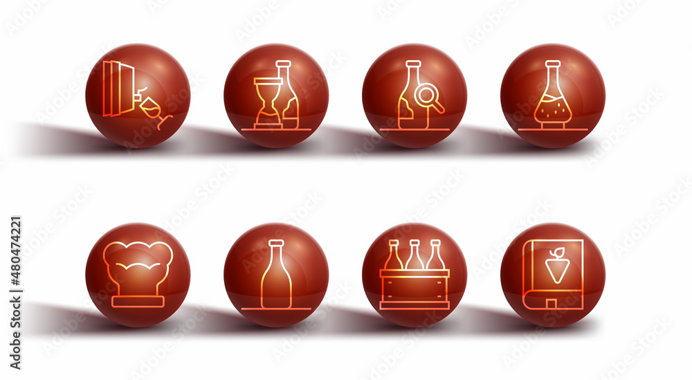 Set line Wine tasting, degustation, Chef hat, Decanter for wine, Bottles of box, Book about grapes and icon. Vector Set line Wine tasting, degustation, Chef hat, Decanter for wine, Bottles of box, Book about grapes and icon. Vector
