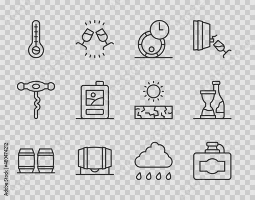 Set line Wooden barrel for wine, Cardboard box of, Meteorology thermometer, Cloud with rain and Bottle icon. Vector