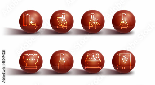 Set line Wine tasting, degustation, Chef hat, Decanter for wine, Bottles of box, Book about grapes and icon. Vector