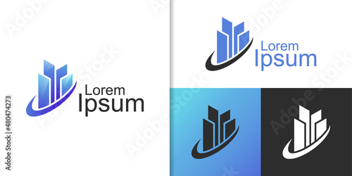 building city real estate logo element, realty property investment logo design with check icon for hotel, business invest