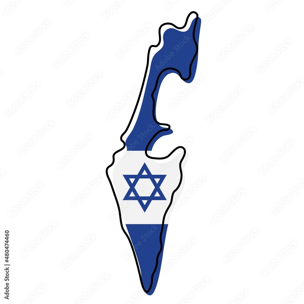 Stylized outline map of Israel with national flag icon. Flag color map ...