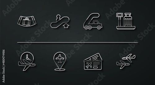 Set line Conveyor belt with suitcase, Flight time, Scale, Airline ticket, Plane, Escalator up, and Passenger ladder for plane boarding icon. Vector