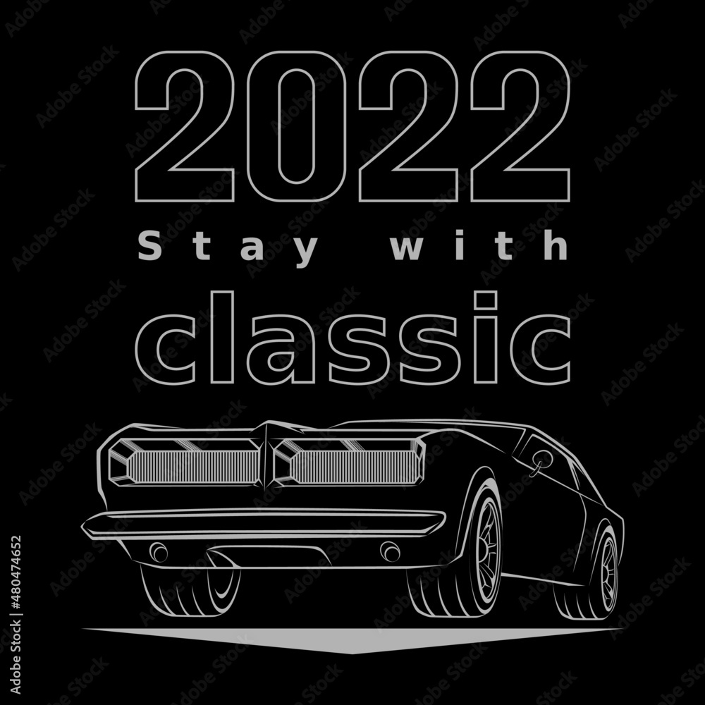 Retro car line art in black color background. 
