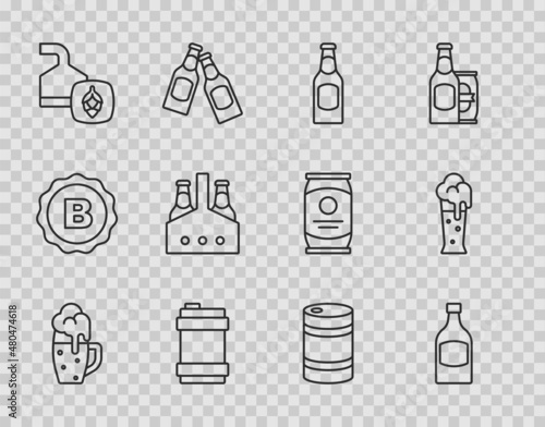 Set line Glass of beer, Beer bottle, Metal keg, brewing process, Pack bottles, and icon. Vector