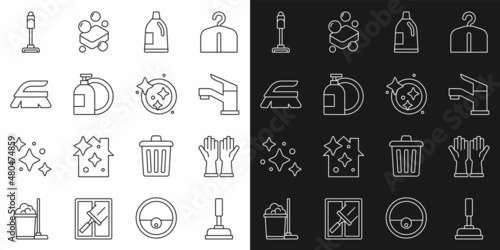 Set line Rubber plunger, gloves, Water tap, Bottle for cleaning agent, Dishwashing liquid bottle, Brush, Vacuum cleaner and Washing dishes icon. Vector