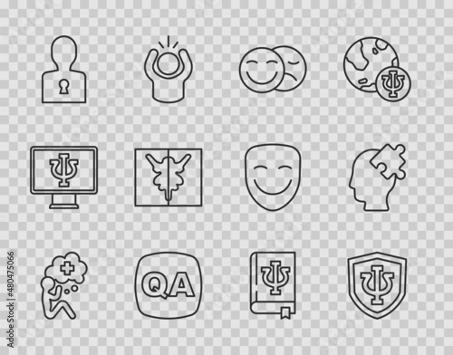 Set line Helping hand, Psychology, Psi, Comedy tragedy masks, Question Answer, Solution to the problem, Rorschach test, book, and icon. Vector