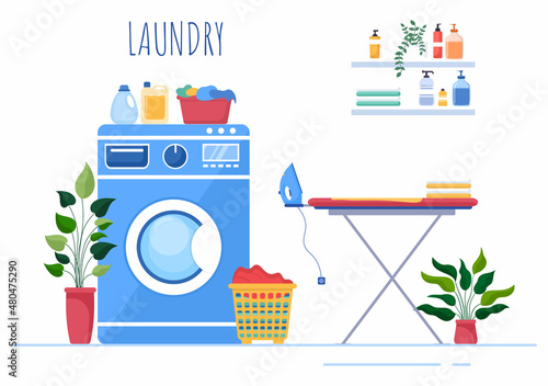 Laundry with Wash and Drying Machines in Flat Background Illustration. Dirty Cloth Lying in Basket and Women are Washing Clothes for Banner or Poster