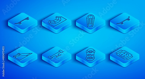 Set line Skateboard, park, deck, wheel, Broken skateboard, and Knee pads icon. Vector
