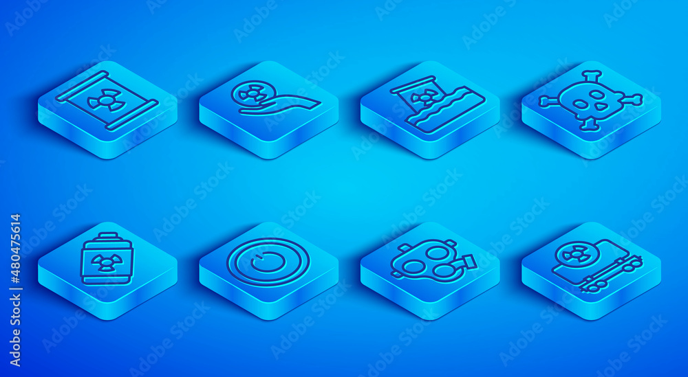 Set line Radioactive waste in barrel, Power button, Gas mask, Bones and skull warning, Nuclear energy battery and cargo train icon. Vector Set line Radioactive waste in barrel, Power button, Gas mask, Bones and skull warning, Nuclear energy battery and cargo train icon. Vector