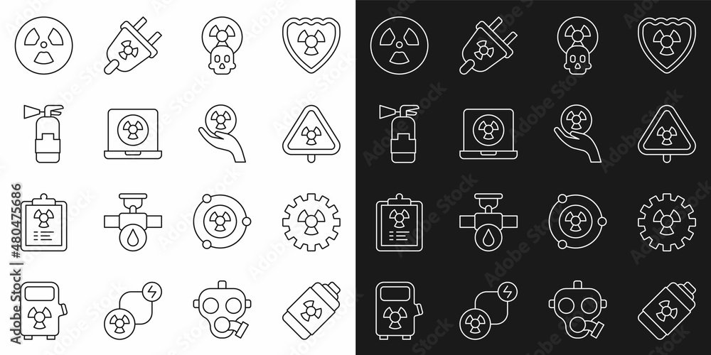 Set line Nuclear energy battery, Radioactive, Triangle with radiation, laptop, Fire extinguisher, and icon. Vector
