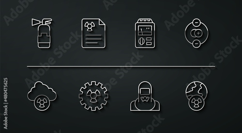 Set line Fire extinguisher, Acid rain and radioactive cloud, Atom, Nuclear reactor worker, Radioactive, Radiation warning document, Planet earth radiation and Dosimeter icon. Vector