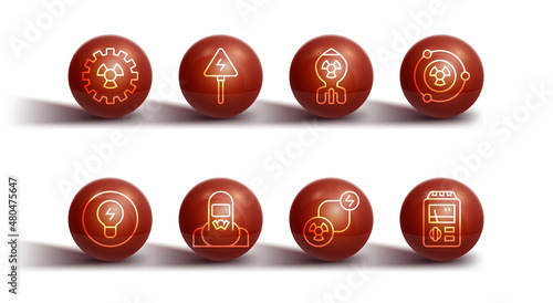Set line Radioactive, Light bulb with concept of idea, exchange energy, Nuclear reactor worker, High voltage sign, Dosimeter and bomb icon. Vector