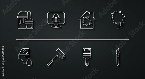 Set line Paint bucket with brush, Car painting, spray, roller, RGB and CMYK color mixing, and Painting the house icon. Vector