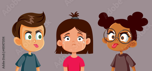 Children Bullying a Crying Little Girl Vector Illustration