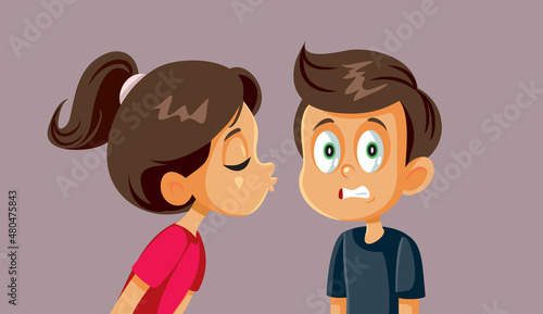 Little Girl Kissing Shy Introvert Boy Vector Cartoon Illustration