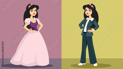 Princess Transforming Herself into an Independent Business Woman Vector Illustration