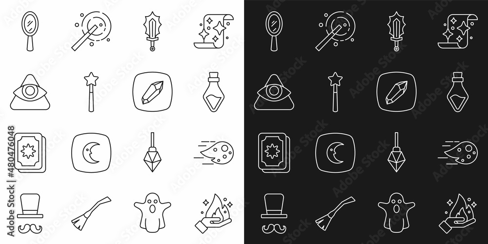 Set line Hand holding fire, Fireball, Bottle with potion, Magic sword, wand, All-seeing eye of God, hand mirror and stone icon. Vector