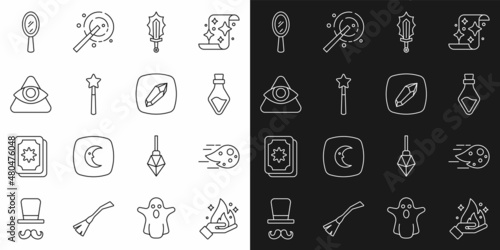 Set line Hand holding fire  Fireball  Bottle with potion  Magic sword  wand  All-seeing eye of God  hand mirror and stone icon. Vector