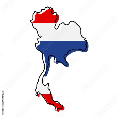 Stylized outline map of Thailand with national flag icon. Flag color map of Thailand illustration.