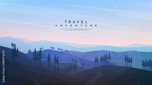 Vector illustration. Minimalist landscape. Forest and mountain. Misty background. Sunset scene with fog. Website or game template. Cloudy sky. Geometric shapes backdrop. Cartoon flat wallpaper.